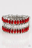 Featuring refined marquise cuts, glittery red rhinestones flare from a center of glassy white rhinestones, creating a regal band across the finger. Features a stretchy band for a flexible fit. Sold as one individual ring.  P4RE-RDXX-083XX