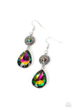 A pair of multi-colored rhinestone earrings with a teardrop shape and encrusted silver details, designed by Paparazzi Accessories.