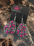 2018 November Exclusive - Pink Earrings  Pear shaped silver tone earrings with pink rhinestones varying in size, glittery colorful rhinestones are sprinkled along a silver filigree backdrop for a whimsical look. Earring attaches to a standard fishhook fitting. Sold as one pair of earrings.  P5RE-PKXX-059XX
