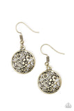 Glistening floral filigree blooms across a circular brass frame for a whimsical seasonal look. Earring attaches to a standard fishhook fitting. Sold as one pair of earrings.  P5WH-BRXX-083XX