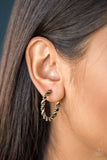 Featuring smooth and serrated textures, glistening brass ribbons twist into a shimmery brass hoop for a tribal inspired look. Earring attaches to a standard post fitting. Hoop measures 1" in diameter. Sold as one pair of hoop earrings.  P5HO-BRXX-055XX