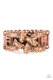 Encrusted in glittery rhinestones, shimmery copper bars crisscross across the finger, coalescing into a bold square knot atop the finger. Features a stretchy band for a flexible fit. Sold as one individual ring. P4RE-CPXX-099XX
