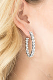 The front of a shimmery silver hoop is encrusted in rows of glassy white rhinestones for a glamorous look. Earring attaches to a standard post fitting. Hoop measures 1” in diameter. Sold as one pair of hoop earrings. P5HO-WTXX-038XX