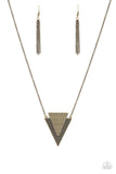Stamped and studded in indigenous inspired textures, a stacked triangular pendant swings from the bottom of an elongated brass chain for a trendy tribal look. Features an adjustable clasp closure. Sold as one individual necklace. Includes one pair of matching earrings. P2ED-BRXX-074XX