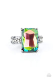Featuring an elegant emerald-style cut, an oversized oil spill gem is pressed into the center of a dainty gunmetal band dotted in glassy hematite rhinestones for a show-stopping sparkle. Features a dainty stretchy band for a flexible fit. Sold as one individual ring. P4RE-MTXX-035XX