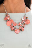 "Spring Goddess" (P2ST-OGXX-080ZZ)  What better way to say "hello spring" than with this vibrant stunner? Double the fun with two layers of beads, baubles, stone, and wood in varying tones and finishes in the Pantone® of Burnt Coral, intermixed with sparkling, wavy silver discs gently swaying from a silver chain. Features an adjustable clasp closure. Sold as one individual necklace. Includes one pair of matching earrings.