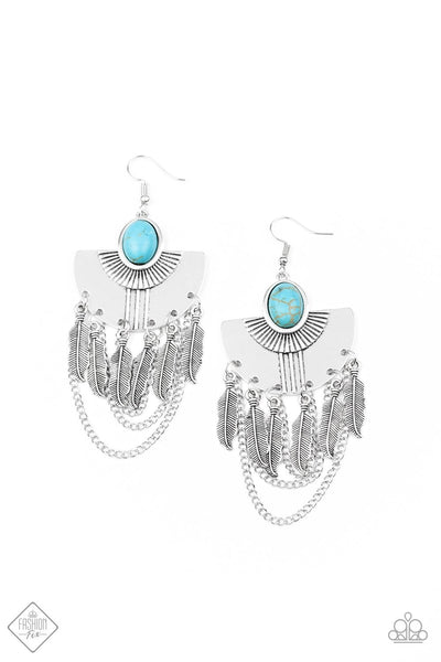 2020 June Fashion Fix - Simply Santa Fe A fringe of antiqued silver feathers and shimmery silver chains swings from the bottom of a fanning silver frame dotted with a smooth turquoise stone for an earthy finish. Earring attaches to a standard fishhook fitting. Sold as one pair of earrings.  P5SE-BLXX-220TW