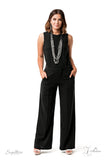 Attached to two strips of black leather, strands of bedazzled white rhinestone encrusted silver beads drape between an exaggerated display of mismatched silver and gunmetal chains down the chest. With its edgy sparkle, grunge meets glamour in this heart-stopping statement-maker. Features an adjustable clasp closure. Sold as one individual necklace. Includes one pair of matching earrings.  Named after 2020 Rock the Runway winner, Arlingto L.  Z2009
