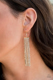 2020 June Fashion Fix - Magnificent Musings Strand after strand of glittery white rhinestones stream from a gold fitting, creating an elegant fringe that falls effortlessly from the ear. Earring attaches to a standard fishhook fitting. Sold as one pair of earrings.  P5ED-GDXX-048TS