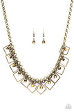 Featuring a glassy shimmer, brass cube beads swing from the tops of tilted square frames, creating a fierce geometric fringe below the collar. Features an adjustable clasp closure. Sold as one individual necklace. Includes one pair of matching earrings.  P2RE-BRXX-157XX