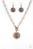 Embossed in a whimsical rosebud pattern, a shimmery copper frame swings below the collar for a casual look. Features a toggle closure. Sold as one individual necklace. Includes one pair of matching earrings. P2WH-CPXX-139XX
