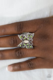 Sprinkled in glittery green rhinestones, silver butterfly wings unfurl across the finger. Featuring a white rhinestone center, the whimsical butterfly is dusted in dainty white rhinestones for a regal finish. Features a stretchy band for a flexible fit. P4WH-GRXX-126XX