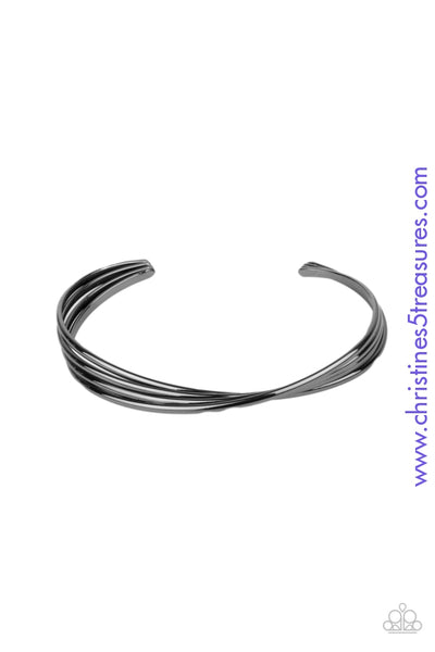 A stack of four glistening gunmetal bars delicately twist at the center as they delicately layer into a dainty cuff around the wrist. Sold as one individual bracelet.  *** For a small wrist ***  P9BA-BKXX-038XX