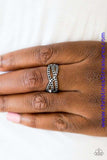 Encrusted in glittery black rhinestones, shimmery ribbons of silver crisscross across the finger in a timeless fashion. Features a dainty stretchy band for a flexible fit. Sold as one individual ring.  P4DA-BKXX-058XX