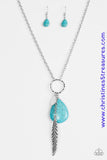 Infused with an elongated silver chain, a hammered silver disc, shimmery feather charm, and a refreshing turquoise teardrop stone swings from the bottom of a hammered hoop, creating a whimsical tassel. Features an adjustable clasp closure. Sold as one individual necklace. Includes one pair of matching earrings.  P2SE-BLXX-267XX