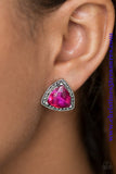 A regal pink gem is pressed into the center of a silver studded frame for a dramatically glamorous look. Earring attaches to a standard post fitting. Sold as one pair of post earrings.  P5PO-PKXX-033XX