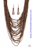 Brushed in an icy metallic shimmer, countless strands of copper seed beads drape across the chest in a bold fashion. Featuring a collision of shapes and shimmer, the glittery strands connect to two large copper accents for a flashy finish. Features an adjustable clasp closure. Sold as one individual necklace. Includes one pair of matching earrings.   P2SE-CPXX-089XX