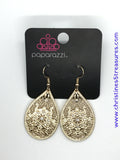 2018 September Exclusive  Featuring an elegant filigree filled backdrop, a shimmery gold teardrop swings from the ear. Dainty white rhinestones are sprinkled across the frame for a glamorous finish. Earring attaches to a standard fishhook fitting. Sold as one pair of earrings. P5WH-GDXX-153XX