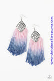 A plume of cording gradually fades from pink to blue, creating a colorful ombre effect at the bottom of a hammered silver frame. Earring attaches to a standard fishhook fitting. Sold as one pair of earrings.  P5ST-MTXX-017XX