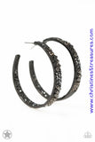 BLOCKBUSTER PIECE The front facing surface of a chunky gunmetal hoop is dipped in brilliantly sparkling hematite rhinestones while light-catching texture wraps around the back. The interior of the hoop features the opposite pattern, creating the illusion of a full hoop of blinding shimmer. Earring attaches to a standard post fitting. Hoop measures 1 3/4" in diameter. Sold as one pair of hoop earrings. P5HO-BKXX-001XX