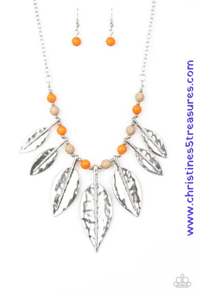 Featuring lifelike detail, hammered silver leaf frames are threaded along an invisible wire below the collar. Infused with refreshing orange and brown stone beads, the leafy frames gradually increase in size for an artisan inspired finish. Features an adjustable clasp closure. Sold as one individual necklace. Includes one pair of matching earrings.  P2SE-MTXX-171XX