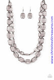 Infused with dainty gunmetal beads, smoky emerald-cut beads layer below the collar for an edgy look. Features an adjustable clasp closure. Sold as one individual necklace. Includes one pair of matching earrings.   P2ED-BKXX-154XX