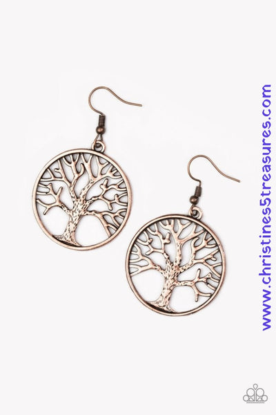 Brushed in an antiqued shimmer, a lifelike tree branches out across a copper hoop for a seasonal look. Earring attaches to a standard fishhook fitting. Sold as one pair of earrings.  P5SE-CPXX-057XX