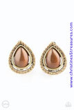 Encrusted in golden topaz rhinestones, a radiant brass ribbon spins around a glowing brown moonstone center, creating a refined teardrop. Earring attaches to a standard clip-on fitting. Sold as one pair of clip-on earrings.  P5CO-BRXX-010XX