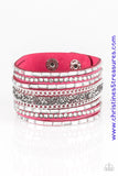 White emerald-cut rhinestones, smoky round rhinestones, and metallic prism-shaped rhinestones are sprinkled along strands of vivacious pink suede. Shimmery silver chain is added to the mix for a sassy industrial finish. Features an adjustable snap closure. Sold as one individual bracelet. P9DI-URPK-054XX