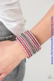 White emerald-cut rhinestones, smoky round rhinestones, and metallic prism-shaped rhinestones are sprinkled along strands of vivacious pink suede. Shimmery silver chain is added to the mix for a sassy industrial finish. Features an adjustable snap closure. Sold as one individual bracelet. P9DI-URPK-054XX
