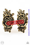Encrusted in dainty topaz rhinestones, leafy brass frames bloom from a brass rosebud center, creating a feminine floral frame. Earring attaches to a standard clip-on fitting. Sold as one pair of clip-on earrings.  P5CO-BRXX-007XX