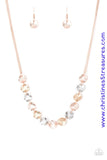 Delicately etched in linear textures, glistening silver, rose gold and gold discs link below the collar for a casual look. Features an adjustable clasp closure. Sold as one individual necklace. Includes one pair of matching earrings.  P2BA-GDRS-020XX