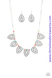 A collection of dainty multicolored stone beads and ornate silver teardrop frames are threaded along an invisible wire below the collar for a fierce tribal look. Features an adjustable clasp closure. Sold as one individual necklace. Includes one pair of matching earrings.  P2SE-MTXX-183XX