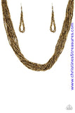 Strands of glistening brass seed beads subtlety twist below the collar, coalescing into a blinding shimmer. Features an adjustable clasp closure. Sold as one individual necklace. Includes one pair of matching earrings.  P2ED-BRXX-079BK