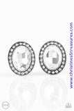 A dramatic white gem is pressed into the center of an ornate silver frame radiating with classic white rhinestones for a glamorous look. Earring attaches to a standard clip-on fitting. Sold as one pair of clip-on earrings.  P5CO-WTXX-059XX