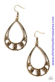 Sections of aurum rhinestone encrusted frames adorn the bottom of an ornate brass teardrop, creating a refined lure. Earring attaches to a standard fishhook fitting. Sold as one pair of earrings.  P5RE-BRXX-090XX