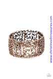 Brushed in an antiqued shimmer, leafy copper filigree frames are threaded along stretchy bands around the wrist for a vintage inspired look. Sold as one individual bracelet.  P9ST-CPXX-007XX