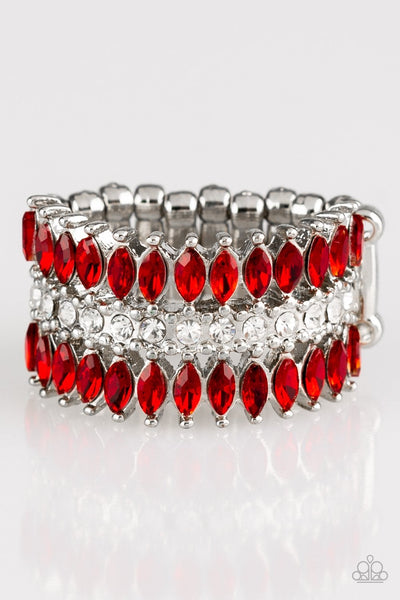 Featuring refined marquise cuts, glittery red rhinestones flare from a center of glassy white rhinestones, creating a regal band across the finger. Features a stretchy band for a flexible fit. Sold as one individual ring.  P4RE-RDXX-083XX