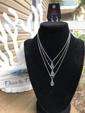 2018 August Fashion Fix Exclusive  3 Layer short necklace with blue rhinestones in silver. Features a lobster claw clasp, 2" extender and a free pair of matching earrings.