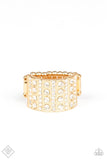 2020 June Fashion Fix - Magnificent Musings Stacks of dainty and classic white rhinestones are vertically encrusted along a thick gold band, creating a blinding centerpiece. Features a stretchy band for a flexible fit. Sold as one individual ring.  P4RE-GDXX-186TS