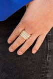 2020 June Fashion Fix - Magnificent Musings Stacks of dainty and classic white rhinestones are vertically encrusted along a thick gold band, creating a blinding centerpiece. Features a stretchy band for a flexible fit. Sold as one individual ring.  P4RE-GDXX-186TS