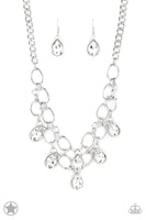 BLOCKBUSTER PIECE Joined by dainty silver links, two rows of dramatic silver chain layer below the collar in a fierce fashion. Glittery white teardrops drip from the glistening layers, adding a timeless shimmer to the show-stopping piece. Features an adjustable clasp closure. Sold as one individual necklace. Includes one pair of matching earrings.  P2RE-WTXX-178XX