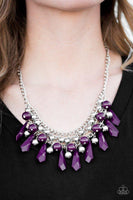 Rows of shimmery silver chain interlock below the collar. Tinted in a hearty hue, polished and faceted purple beads cascade from the interlocked chain, creating a bold fringe. Shiny silver beads are sprinkled between the colorful fringe, adding classic shimmer to the fierce palette. Features an adjustable clasp closure. Sold as one individual necklace. Includes one pair of matching earrings.   P2ED-PRXX-038XX