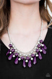 Rows of shimmery silver chain interlock below the collar. Tinted in a hearty hue, polished and faceted purple beads cascade from the interlocked chain, creating a bold fringe. Shiny silver beads are sprinkled between the colorful fringe, adding classic shimmer to the fierce palette. Features an adjustable clasp closure. Sold as one individual necklace. Includes one pair of matching earrings.   P2ED-PRXX-038XX