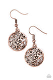 Glistening floral filigree blooms across a circular copper frame for a whimsical seasonal look. Earring attaches to a standard fishhook fitting. Sold as one pair of earrings.   P5WH-CPXX-081XX