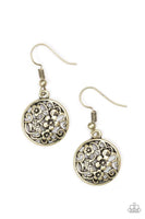 Glistening floral filigree blooms across a circular brass frame for a whimsical seasonal look. Earring attaches to a standard fishhook fitting. Sold as one pair of earrings.  P5WH-BRXX-083XX