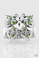 Sprinkled in glittery green rhinestones, silver butterfly wings unfurl across the finger. Featuring a white rhinestone center, the whimsical butterfly is dusted in dainty white rhinestones for a regal finish. Features a stretchy band for a flexible fit. P4WH-GRXX-126XX