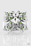 Sprinkled in glittery green rhinestones, silver butterfly wings unfurl across the finger. Featuring a white rhinestone center, the whimsical butterfly is dusted in dainty white rhinestones for a regal finish. Features a stretchy band for a flexible fit. P4WH-GRXX-126XX