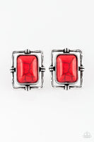 Chiseled into a tranquil rectangle, a fiery red stone is pressed into the center of a hammered silver frame for a seasonal look. Earring attaches to a standard post fitting. Sold as one pair of post earrings.  P5PO-RDXX-015XX