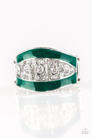 Glittery white rhinestones dance between two shiny Quetzal Green bands, coalescing into a refined centerpiece. Features a stretchy band for a flexible fit. Sold as one individual ring.  P4RE-GRXX-094XX